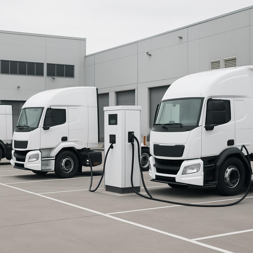 Two parked semi-trailers on a gray parking lot with charging stations displayed.