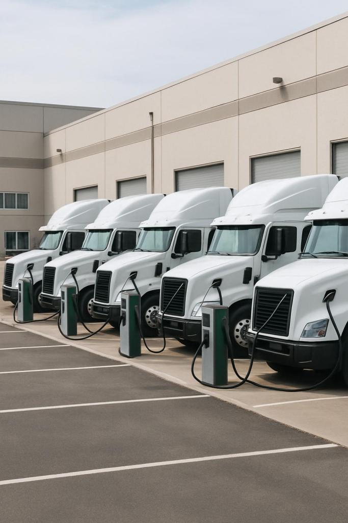 Row of electric delivery trucks parked in front of a warehouse with charging stations plugged into them. All parked vehicl...
