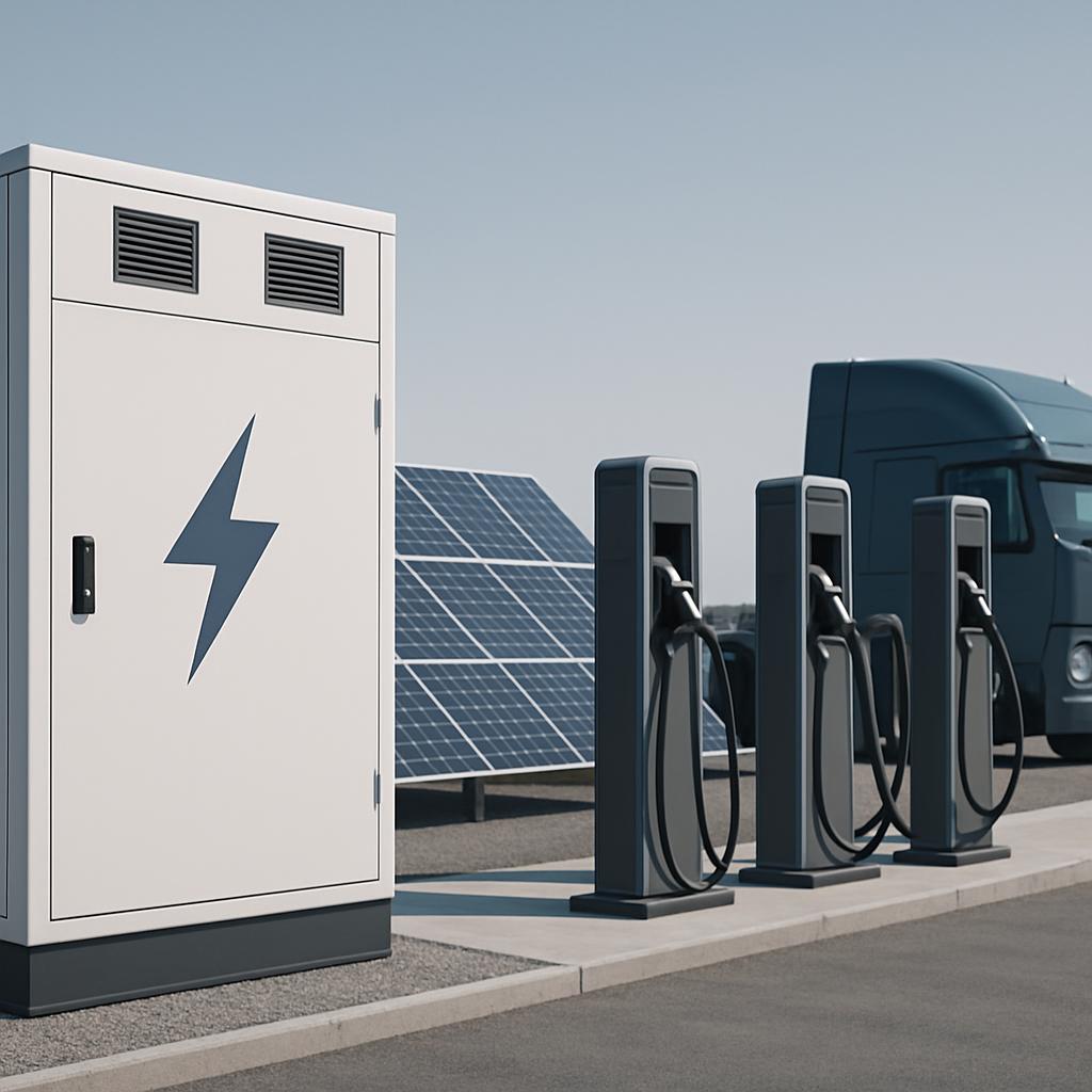 A photograph of an electric vehicle charging station, solar panels, and a parked truck in an open lot.