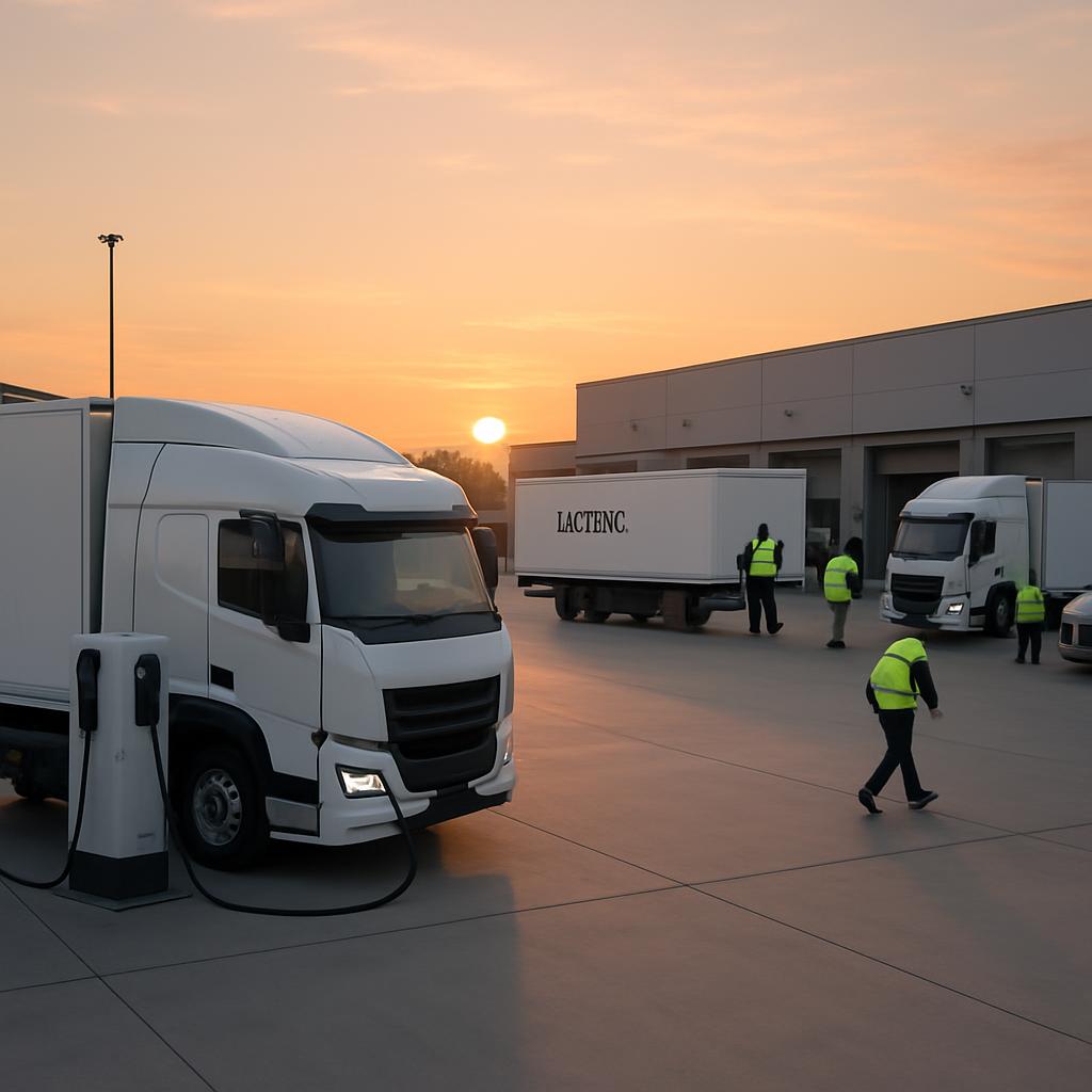 Three white cargo trucks parked outside warehouses with receiving personnel working at dawn, with several still in their t...