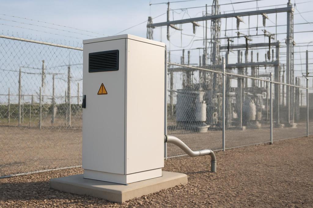 An electrical power substation building.