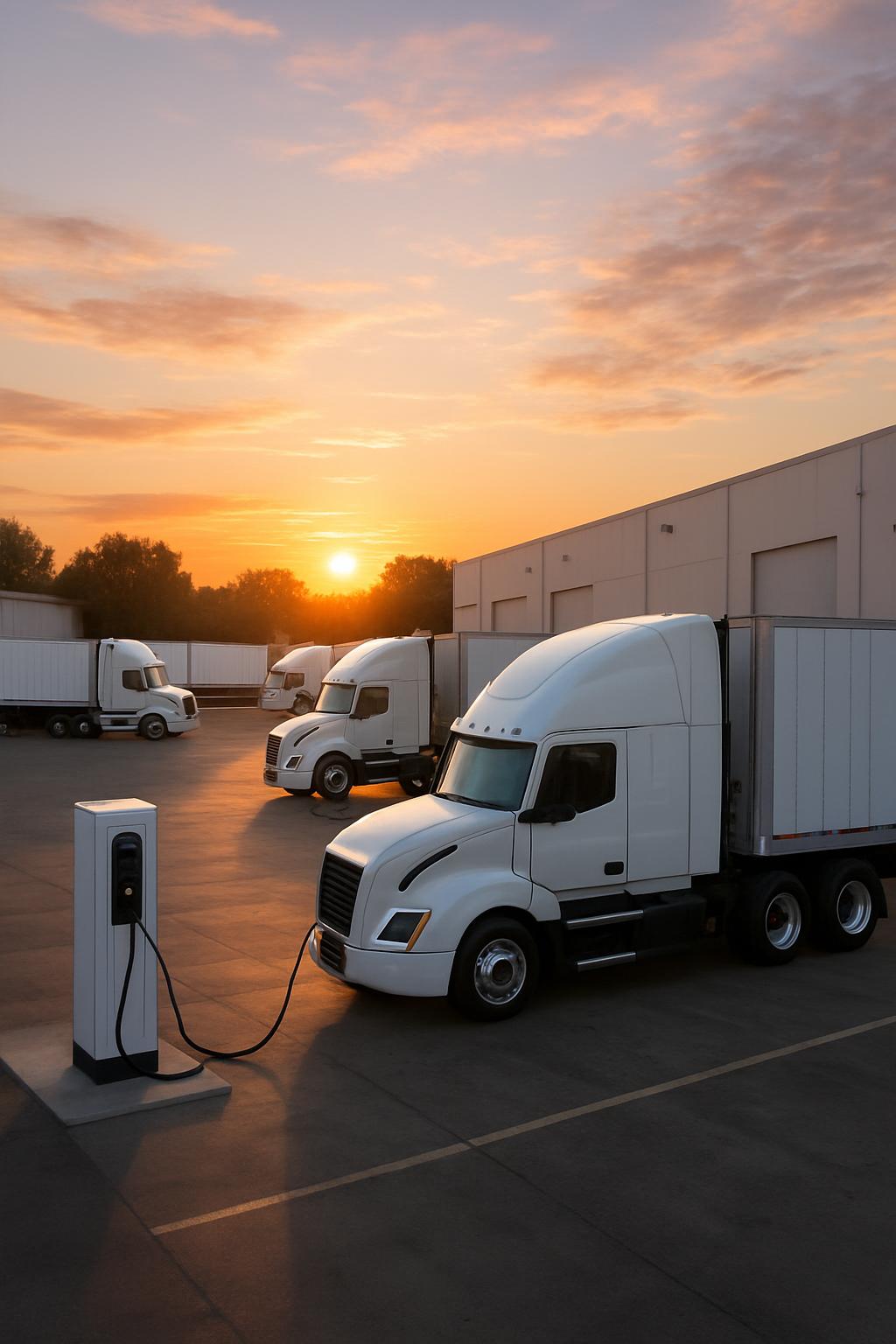Trucks parked near a charging station at sunset.