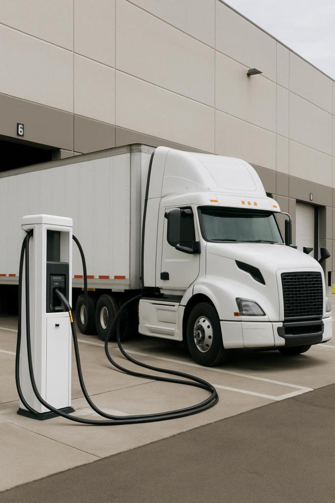 A tractor trailer parked in front of loading docks at a large industrial facility provides fuel and recharge services for ...
