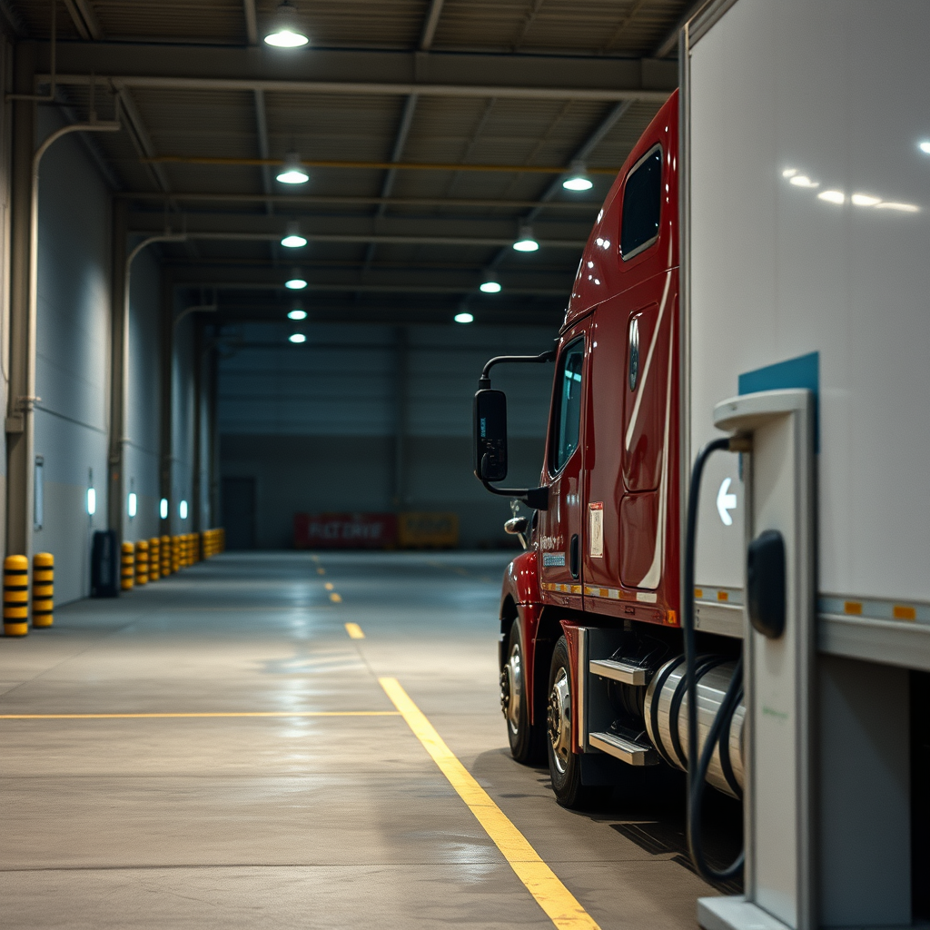 Interior of a warehouse, likely a loading dock, with red semi-truck parked in a yellow-painted bay, empty space beyond.